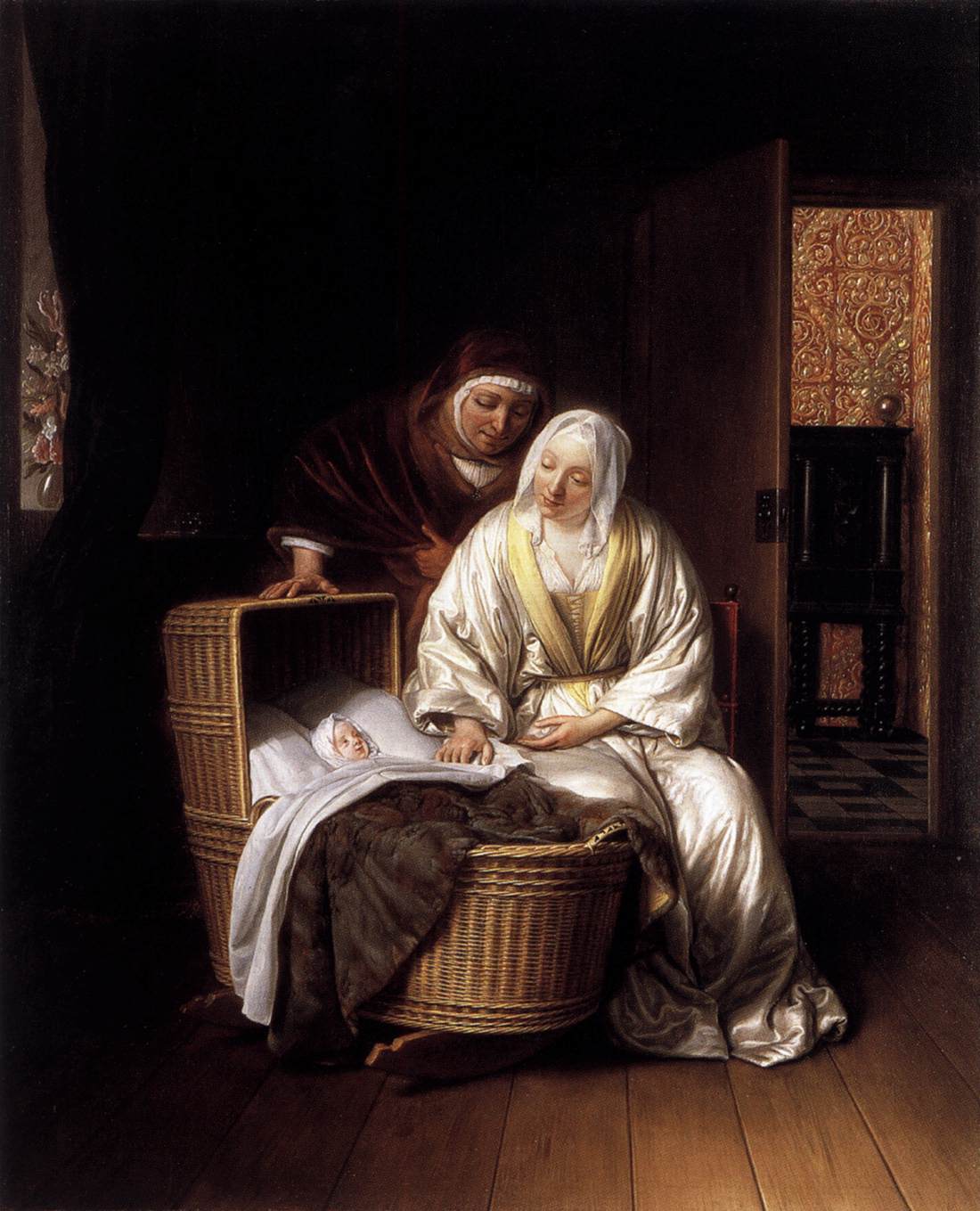 Two Women by a Cradle by HOOGSTRATEN, Samuel van