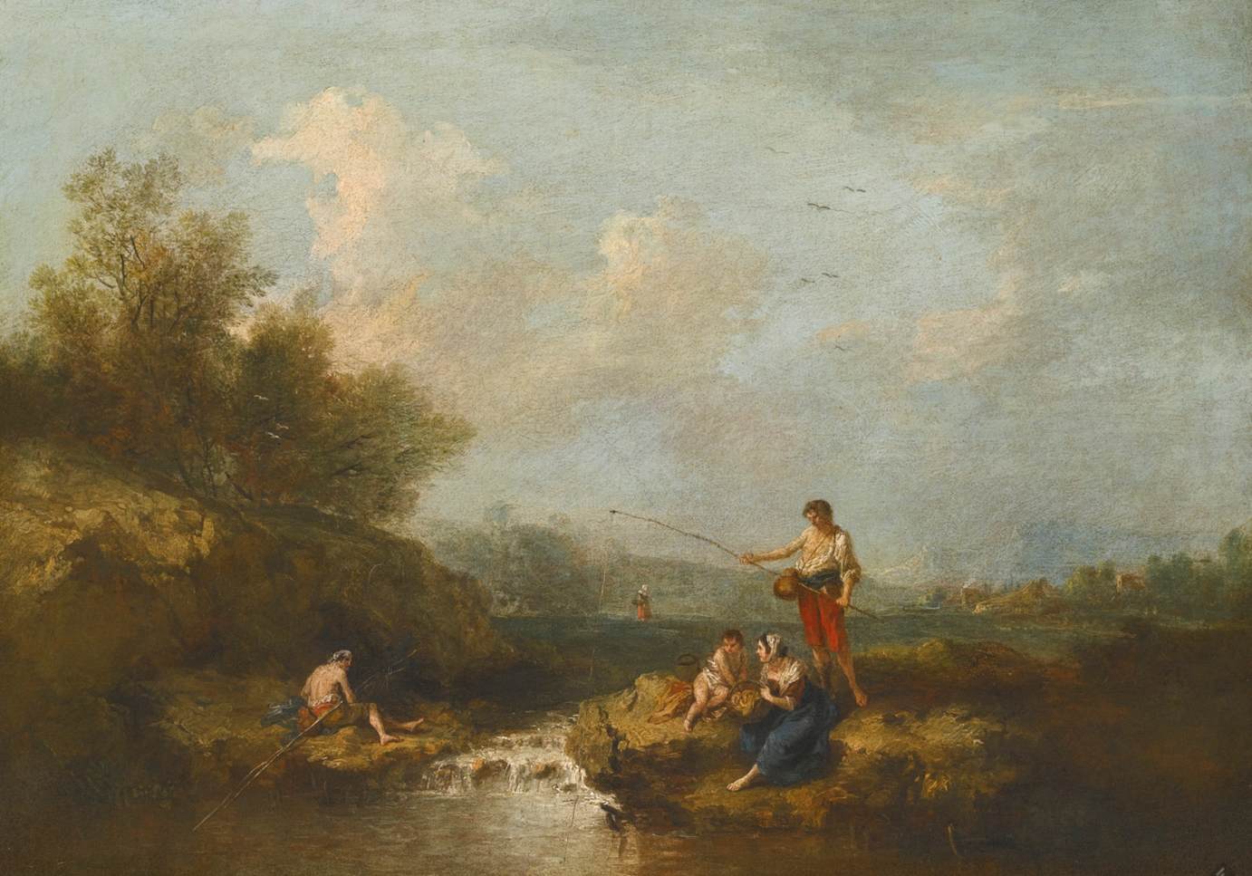 Fishermen and Other Figures beside a Flowing Stream by