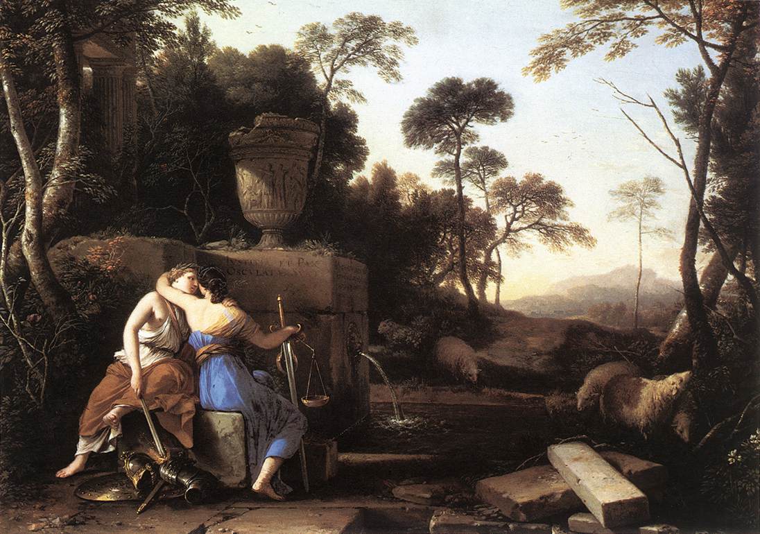 Landscape with Peace and Justice Embracing by LA HYRE, Laurent de