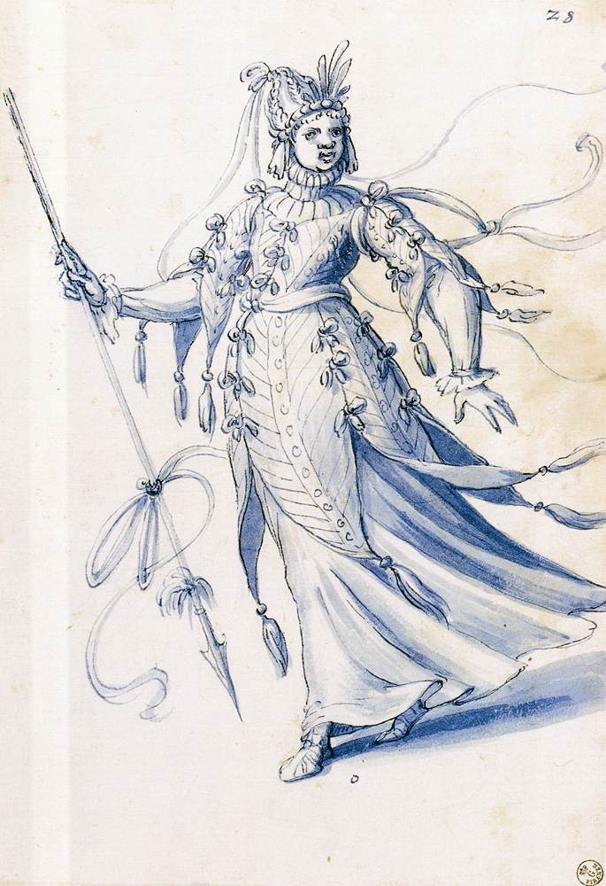 Costume drawing of a woman bearing a lance by