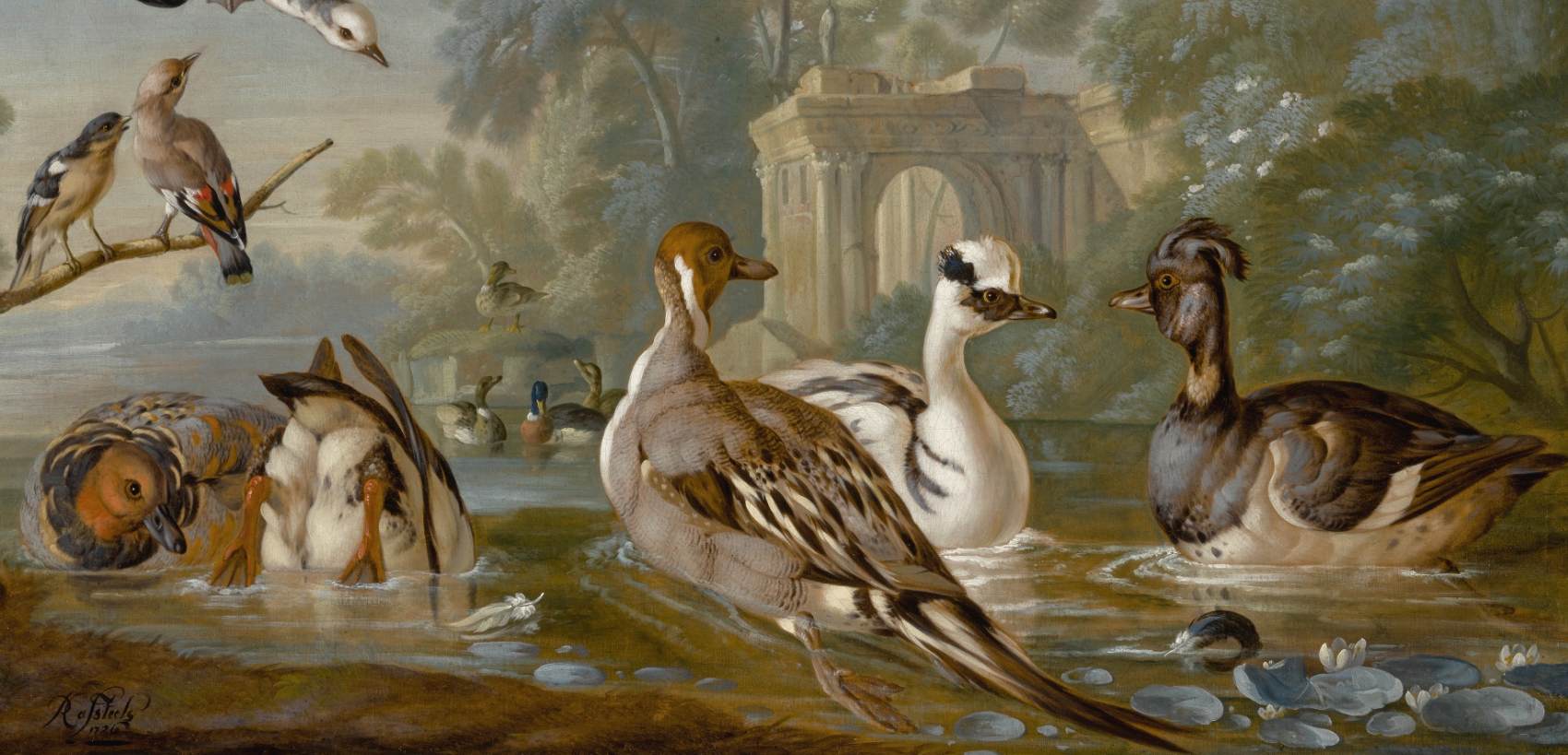 Waterfowl on a Pond with Other Birds in a Parkland Setting (detail) by CASTEELS, Pieter