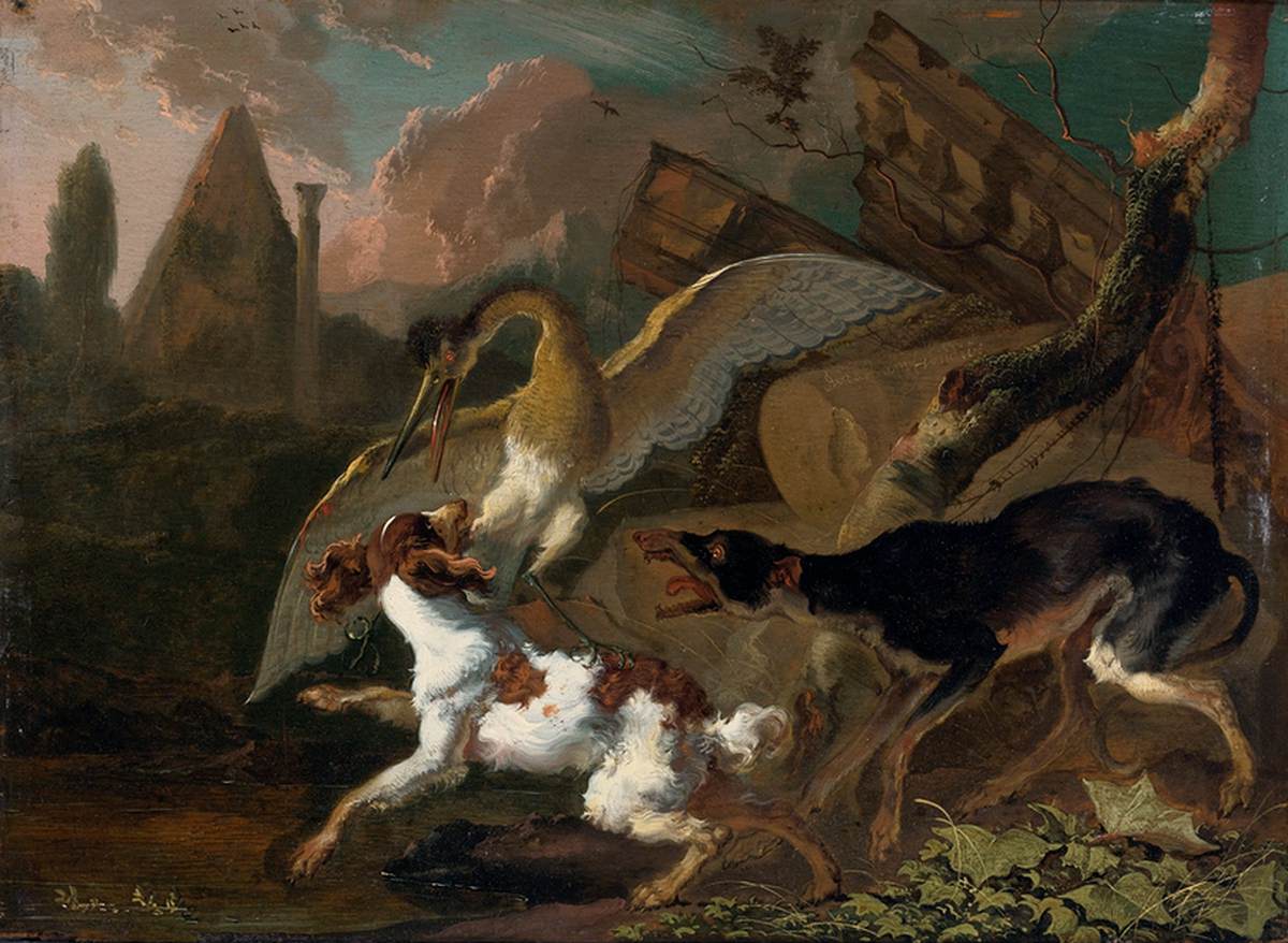 A Bird and Dog Fighting by HONDIUS, Abraham Danielsz.