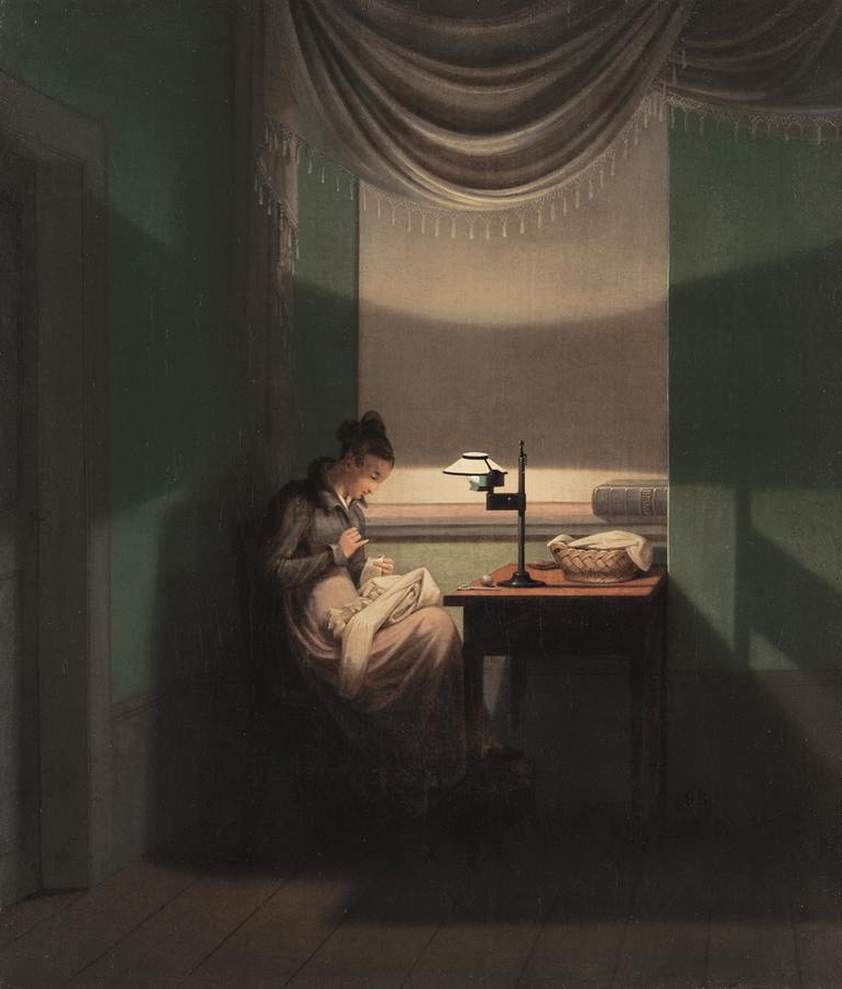 Young Woman Sewing by the Light of a Lamp by KERSTING, Georg Friedrich