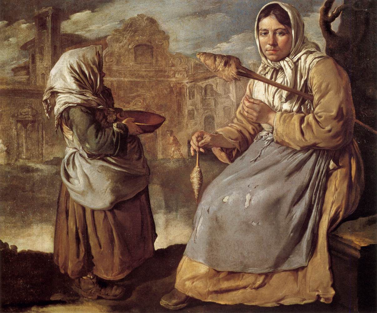 Little Beggar Girl and Woman Spinning by