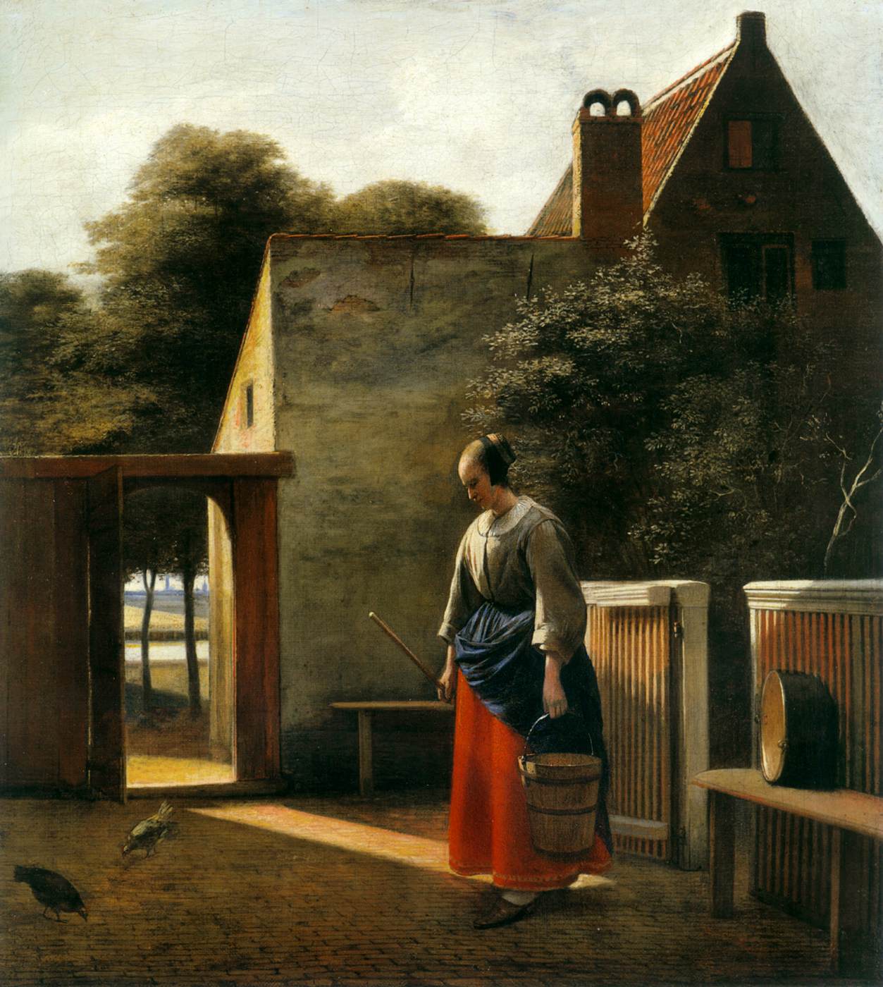 Maid with a Broom and a Pail in a Sunlit Courtyard by HOOCH, Pieter de