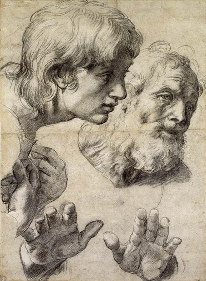 Head and hand studies for two Apostles by