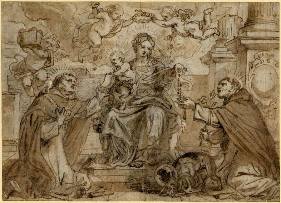 The Virgin Presenting the Rosary to St Dominic with St Thomas Aquinas Kneeling by DIEPENBEECK, Abraham van