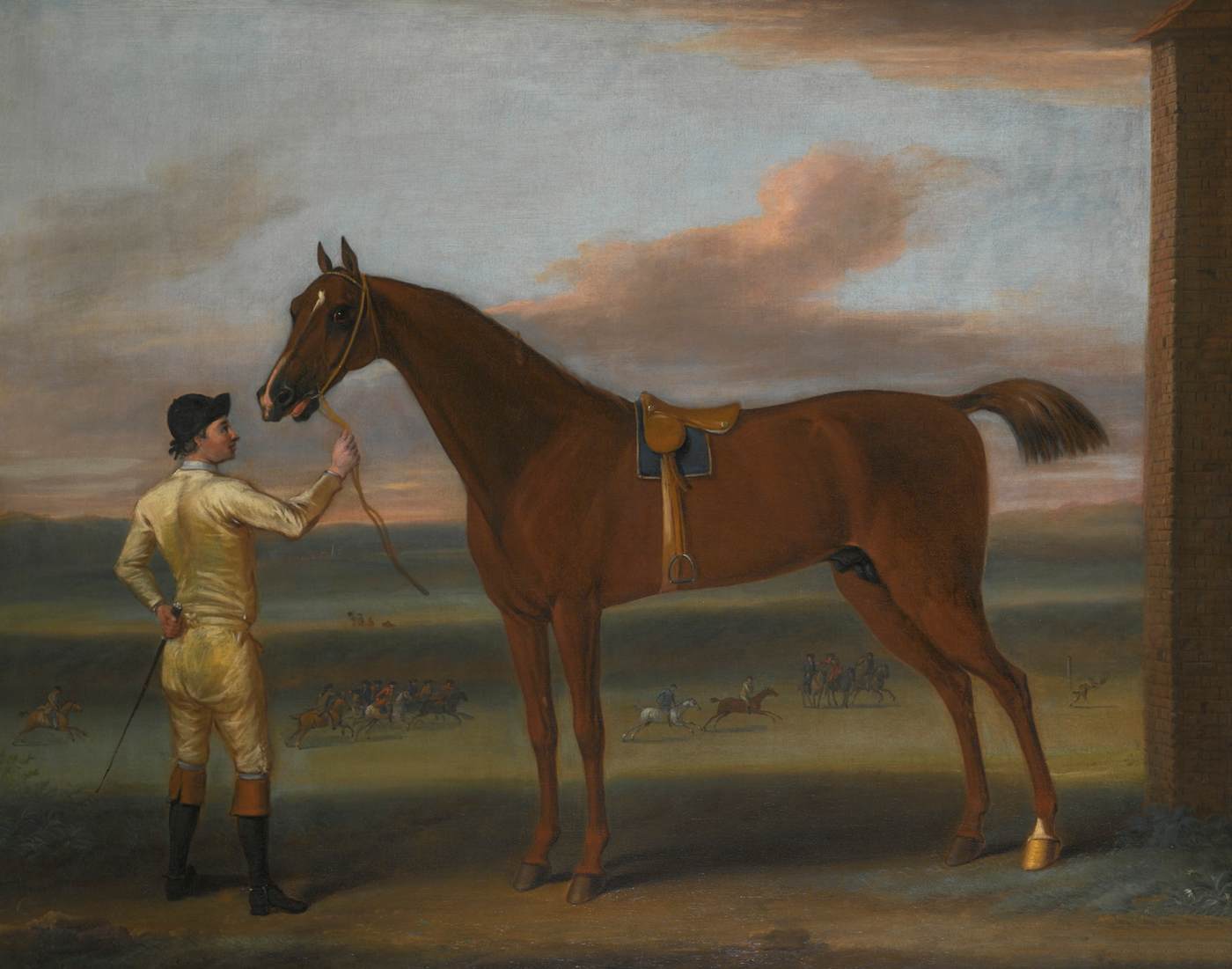 A Dark Chestnut Racehorse Held by a Jockey by