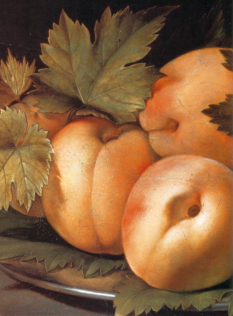 Metal Plate with Peaches and Vine Leaves (detail) by