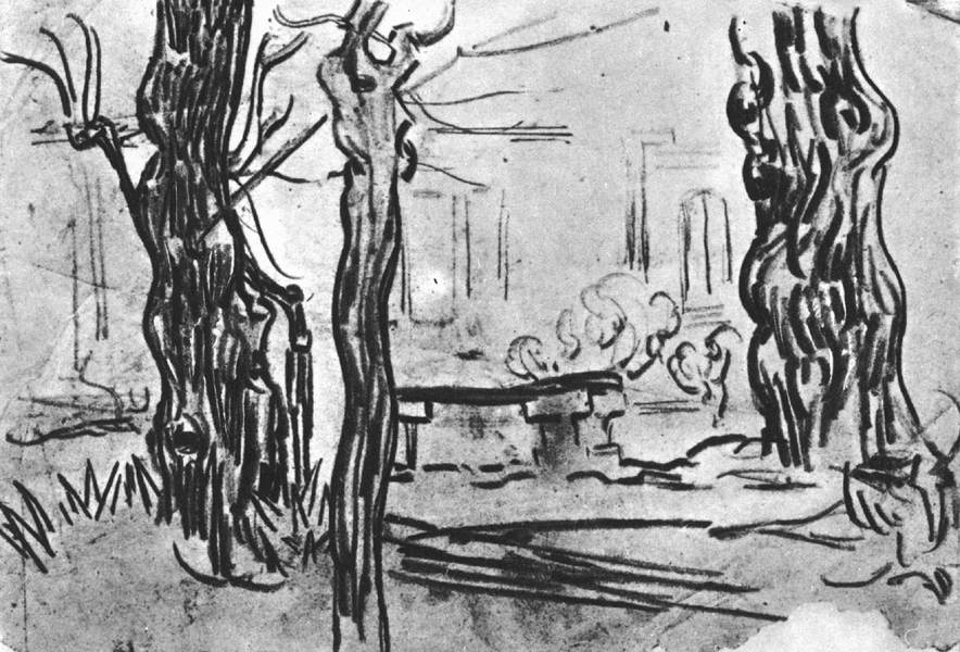 Garden of the Asylum and Tree Trunks and a Stone Bench by GOGH, Vincent van