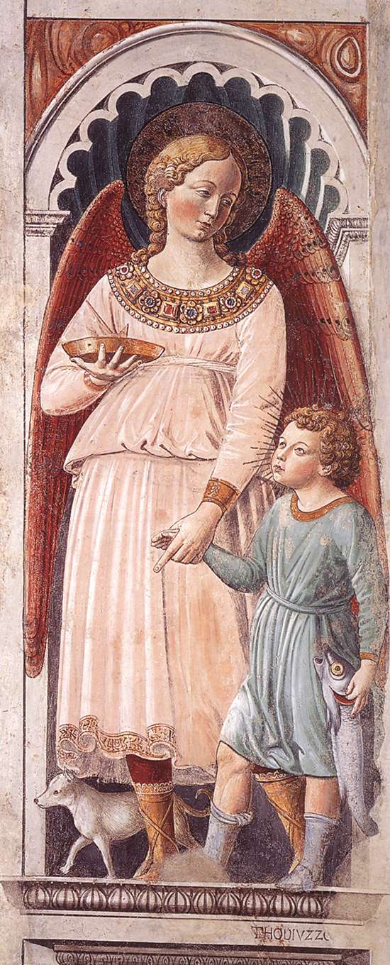 Raphael and Tobias (on the pillar) by GOZZOLI, Benozzo