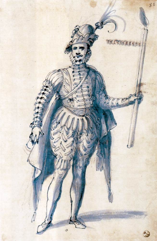 Costume drawing for a male figure with torch by