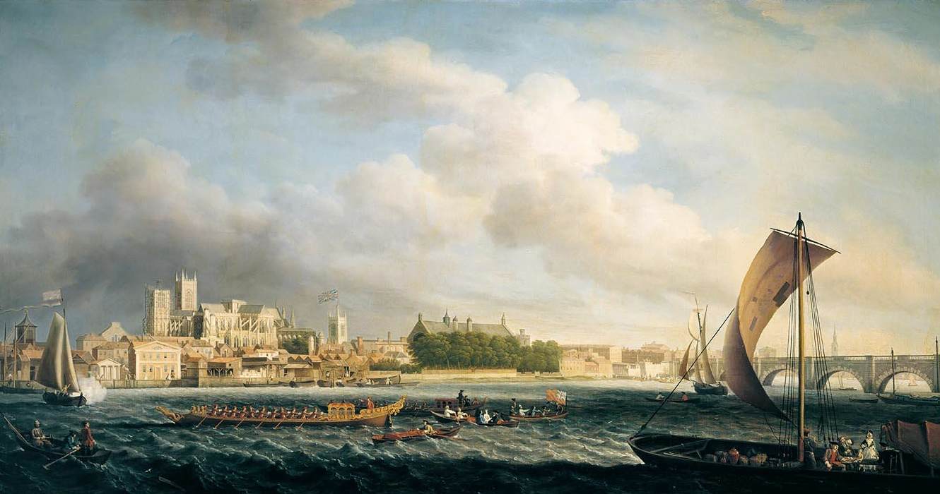 The Thames at Westminster Bridge with Barges by SCOTT, Samuel