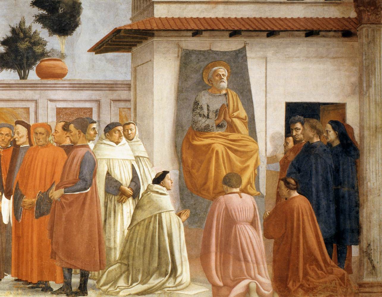 Raising of the Son of Theophilus and St Peter Enthroned (detail) by MASACCIO