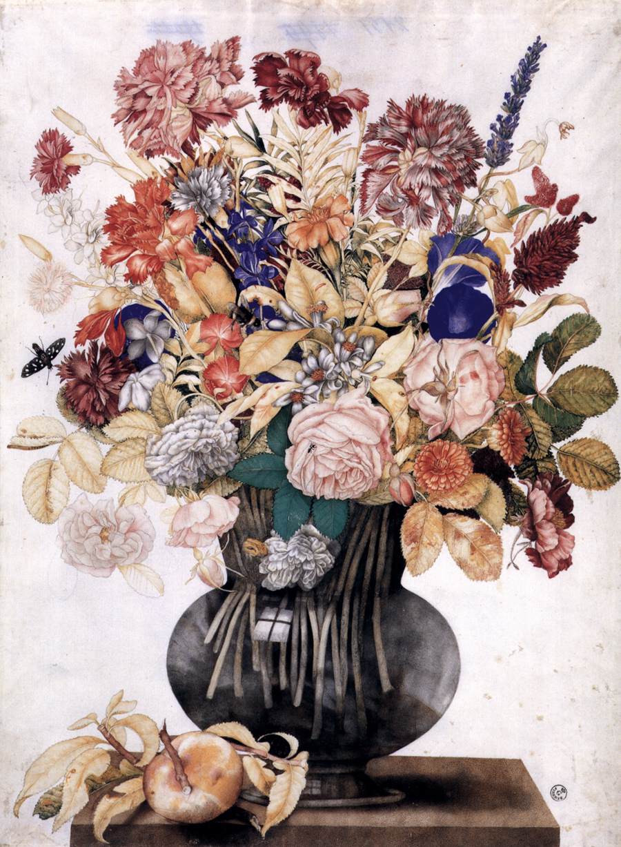 Vase with Flowers, a Peach and a Butterfly by GARZONI, Giovanna